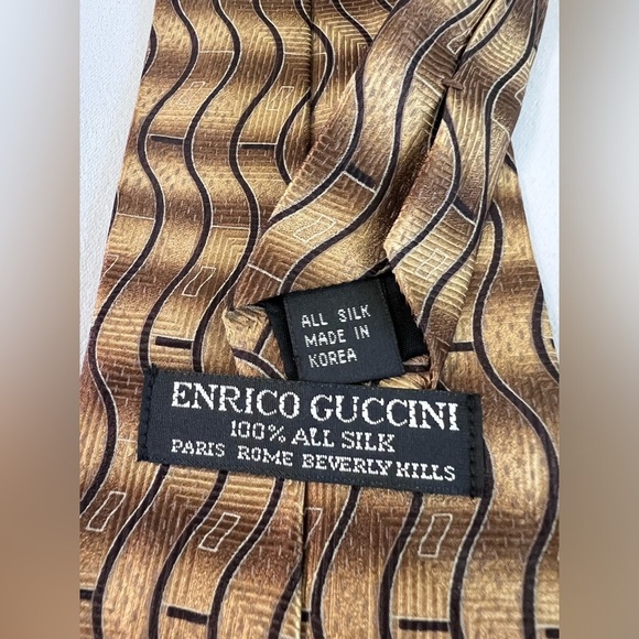 Mens Retro Neck Tie 58”X 4” ENRICO GUCCINI 100% Silk Brown Black Pattern - Picture 3 of 4
